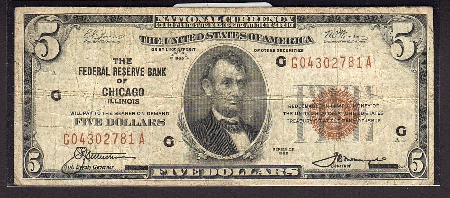 Fr.1850-G, 1929 $5 Chicago FRBN, G04302781A